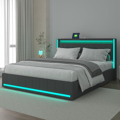 LONELYO Doppelbett 140x200cm,Polsterbett mit LED-Leuchten,Stauraumbett,mit Bettrahmen und 4 Schubladen,Leinen,140x200 cm,Leinenstoff von LONELYO