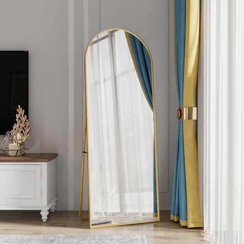 LONELYO Ganzkörperspiegel, Standspiegel mit gewölbtem Top, Stand- und Wandmontierbar – Aluminiumrahmen und gehärtetes Glas, für Schlafzimmer, Wohnzimmer, Garderobe, Gold, 162x53cm von LONELYO
