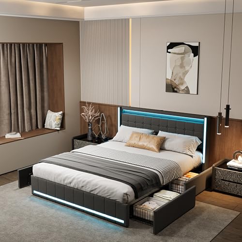 LONELYO Gepolstertes Bett mit 4 Schubladen zur Aufbewahrung, LED, verstellbar, modern, Plattform mit Lattenrost aus Holz (ohne Matratze) (Grau, 160 x 200 cm) von LONELYO