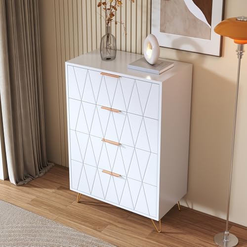 LONELYO Kommode mit 4 Schubladen, weiß, mit goldenen Griffen, modernes und elegantes Design in Diamantform, Aufbewahrungsmöbel für Schlafzimmer oder Wohnzimmer von LONELYO