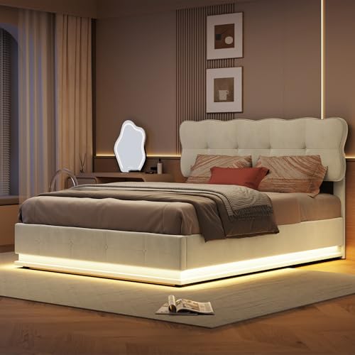 LONELYO Polsterbett 140x200 cm in Beige mit LED-Unterbett-Beleuchtung – Teddyplüsch-Bezug und Stauraumfunktion mit Gasdruckmechanismus von LONELYO