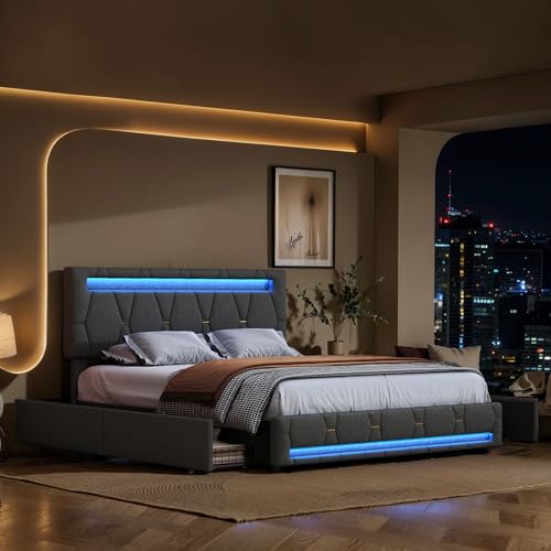 LONELYO Polsterbett 140x200 mit RGB-LED & 4 Schubladen – Leinenstoff Grau, App-Steuerung & Höhenverstellbares Kopfteil – USB-C-Ladestation & Musikmodus [Ohne Matratze/Smart Design] von LONELYO