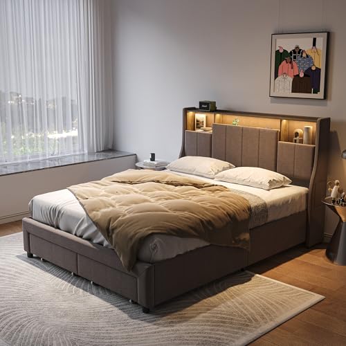 LONELYO Polsterbett 140x200 mit Stauraum und RGB-LED – Doppelbett mit Bettkasten, Kopfteil-Ablage, Seitentasche & Schubladen – Jugendbett für Schlafzimmer, Grau (140X200) von LONELYO