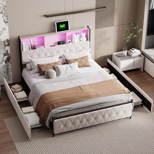 LONELYO Polsterbett 160x200 cm – Beige Samt – LED-Kopfteil mit USB & Typ-C – 4 Schubladen – Modernes Design – Luxuriöses Bettgestell mit Stauraum – Stabiler Metallrahmen – Ohne Matratze von LONELYO