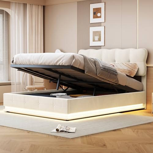 LONELYO Polsterbett 160x200 cm in Beige mit LED-Unterbett-Beleuchtung – Teddyplüsch-Bezug und Stauraumfunktion mit Gasdruckmechanismus von LONELYO