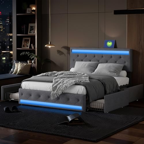 LONELYO Polsterbett 180x200 mit LED-Beleuchtung & USB-Ladestation – Dunkelgrau, 4 Schubladen & Verstellbares Kopfteil – Stabiler Metallrahmen von LONELYO