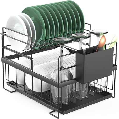 LONENESSL Abtropfgestell, 2-stöckiges Abtropfgestell aus Metall mit Abtropfschale, abnehmbares Abtropfgestell mit Besteckhalter, großes Fassungsvermögen, Abtropfgestell für Küche, von LONENESSL