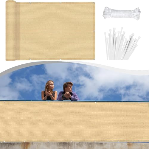 Balkon Seitensichtschutz 100 x 640 cm Ohne Bohren Blickdichte Wind Uv-Schutz mit Ösen Kabelbinder Kordel Balkon Sichtschutz/Balkonbespannung für Gartenanlagen, Camping, Sandgelb von LONGCAO