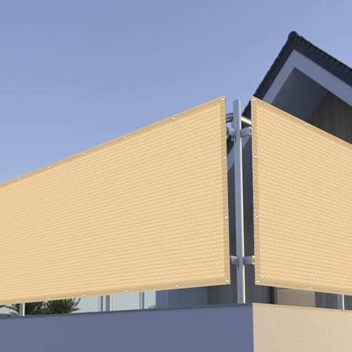 Balkon Seitensichtschutz 90 x 650 cm Blickdichte Windschutz Und Uv-Schutz mit Kabelbinder Sonnenschutz Netz, Balkonverkleidung mit Seil für Gartenanlagen, Camping, Sandgelb von LONGCAO