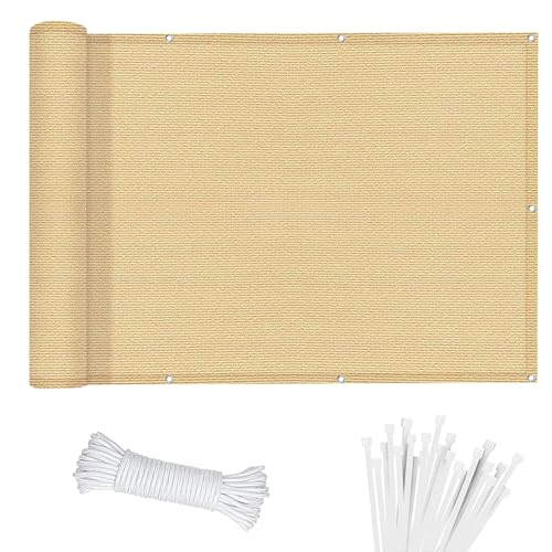Balkon Sichtschutz Balkonabdeckung 115 x 200 cm HDPE Balkonbespannung mit Kabelbinder Atmungsaktiv Balkon Sichtschutz Balkonverkleidung für Gartenanlagen, Camping, Sandgelb von LONGCAO
