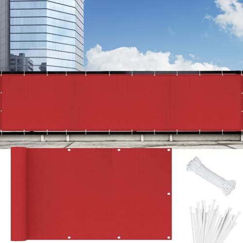 Balkon Sichtschutz Wetterfest 135 x 560 cm HDPE Balkonbespannung mit Kabelbinder Atmungsaktiv Balkon Sichtschutz Balkonverkleidung für Balkongeländer Terrasse, Rot von LONGCAO