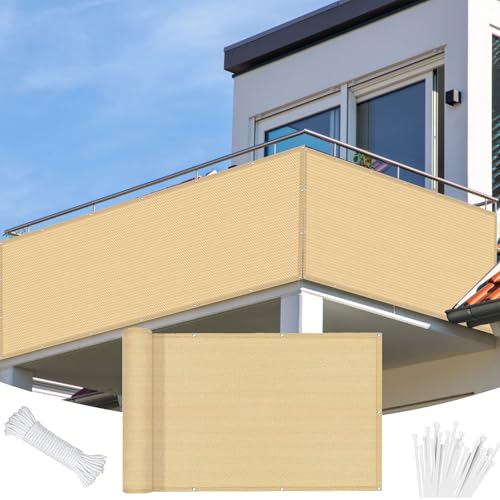 Balkonbespannung Sichtschutz 135 x 660 cm Blickdichte Windschutz Und Uv-Schutz mit Kabelbinder Sonnenschutz Netz, Balkonverkleidung mit Seil für Gartenanlagen, Camping, Sandgelb Balkonbespannung Sichtschutz 135 x 660 cm Blickdichte Windschutz Und Uv-Schutz mit Kabelbinder Sonnenschutz Netz, Balkonverkleidung mit Seil für Gartenanlagen, Camping, Sandgelb von LONGCAO