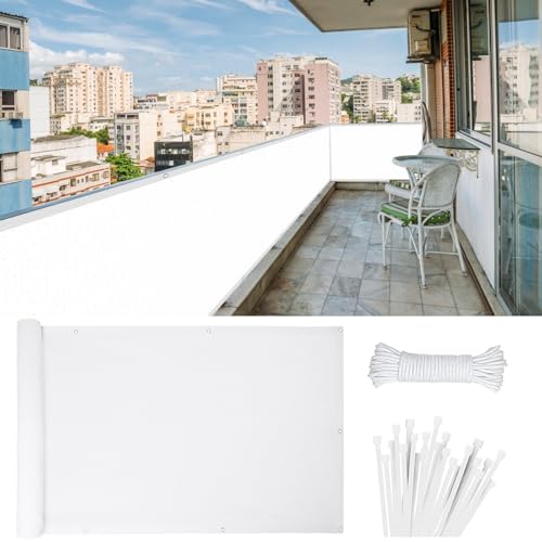 Balkonbespannung Sichtschutz 70 x 100 cm HDPE Balkonbespannung mit Kabelbinder Atmungsaktiv Sonnenschutz Balkon Ohne Bohren für Balkongeländer Terrasse, Weiß von LONGCAO
