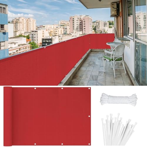 Balkonbespannung Sichtschutz 80 x 450 cm HDPE Balkonbespannung mit Kabelbinder Atmungsaktiv Sonnenschutz Balkon Ohne Bohren für Balkongeländer Terrasse, Rot von LONGCAO