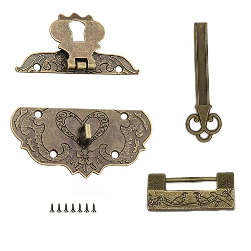 LONGHAO 2 pcs Vintage Design Embossing Latch Haspe Vintage Antik-Verschlüsse Antike Vorhängeschloss Latch Hasp Antike Beschläge Set Möbel-Verschlüsse,mit Schrauben,für Holz Schublade Box (Bronze) von LONGHAO