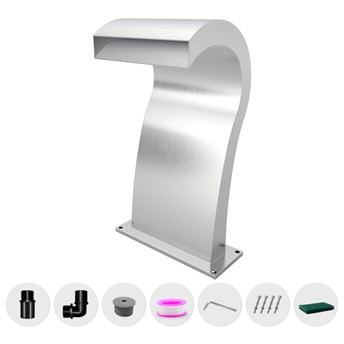 LONGRUNNEW Wasserfall Überlauf Edelstahl Pool Brunnen gebogen mit Zubehör, Teich Wasserfälle S-förmig Outdoor Wasser Überlauf Brunnen Kit für Garten Terrasse Schwimmbad Dekoration-52cm Höhe von LONGRUNNEW