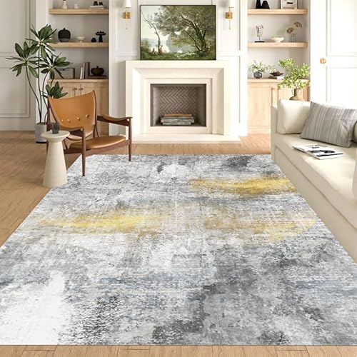 LONGSAO Kurzflor Wohnzimmer Teppich 70 x 140 cm Schlafzimmer Rutschfester Teppich Sofakissen Moderne abstrakte Tinte grau gelb von LONGSAO