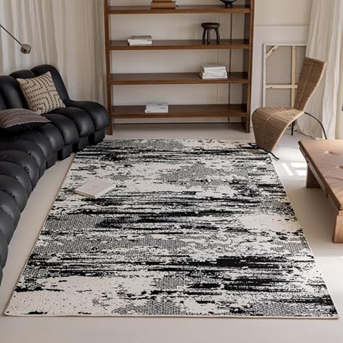 LONGSAO Kurzflor Wohnzimmer Teppich 70 x 140 cm Schlafzimmer Rutschfester Teppich Sofakissen Moderne abstrakte Tinte grau schwarz von LONGSAO
