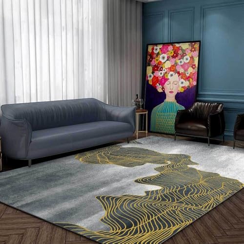 LONGSAO Kurzflor Wohnzimmer Teppich 70 x 140 cm Schlafzimmer Rutschfester Teppich Sofakissen Moderne graue Tinte mit goldenen Linien von LONGSAO