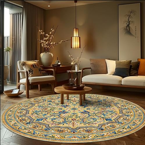 LONGSAO Kurzflor Wohnzimmer Teppich ø 130 cm Schlafzimmerteppich Rund Rutschfester Teppich Sofakissen Gelb Blau Retro Blumen von LONGSAO
