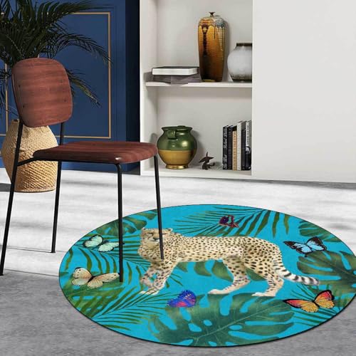 LONGSAO Kurzflor Wohnzimmer Teppich ø 130 cm Schlafzimmerteppich Rund Rutschfester Teppich Sofakissen Moderne Pflanze Leopard Gelb Blau von LONGSAO