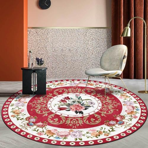 LONGSAO Kurzflor Wohnzimmer Teppich ø 130 cm Schlafzimmerteppich Rund Rutschfester Teppich Sofakissen Retro Blumen Blau Gelb von LONGSAO