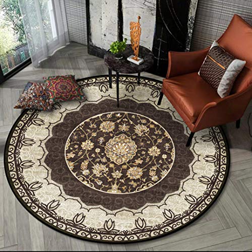 LONGSAO Kurzflor Wohnzimmer Teppich ø 130 cm Schlafzimmerteppich Rund Rutschfester Teppich Sofakissen Retro Blumen Gelb Braun von LONGSAO
