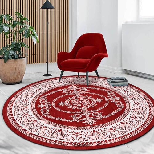 LONGSAO Kurzflor Wohnzimmer Teppich ø 130 cm Schlafzimmerteppich Rund Rutschfester Teppich Sofakissen Retro Blumen rot weiß von LONGSAO