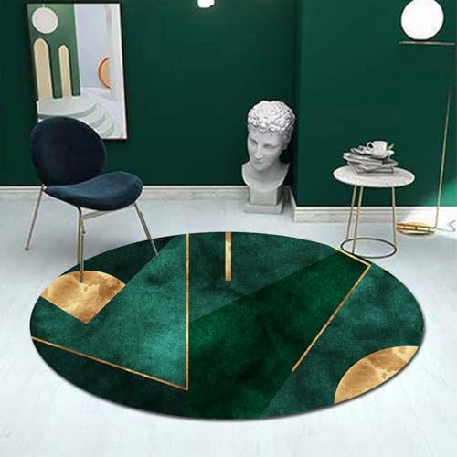 LONGSAO Modern Rund Teppich Groß Wohnzimmer Designer Teppich Abstrakt Smaragd Dunkelgrün Gold Geometrisch In-und Outdoor Teppich Kurzer Plüsch Teppiche, ø 150 cm von LONGSAO