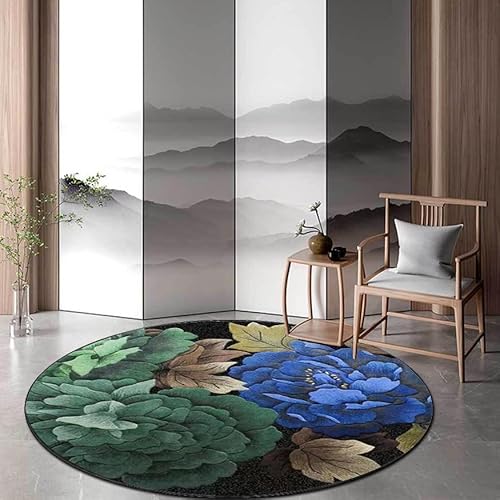 LONGSAO Modern Rund Teppich ø 150 cm Groß Wohnzimmer Designer Teppiche In-und Outdoor Teppich Kurzer Plüsch Teppiche Retro Blumen Grün Blau Gelb Schwarz von LONGSAO