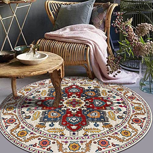 LONGSAO Modern Rund Teppich ø 180 cm Groß Wohnzimmer Designer Teppich In-und Outdoor Teppiche Kurzer Plüsch Teppiche Ethnische Blumen rot gelb blau von LONGSAO