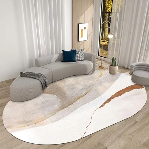 LONGSAO Moderner Designer Teppich, rutschfest Waschbar Teppich Oval Kurzflor Teppich Abstrakter Streifen Graubraun，60 x 90 cm von LONGSAO