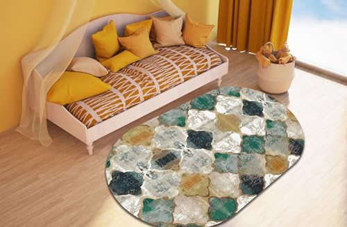 LONGSAO Ovaler Kurzflor Designer Teppich extra weich fürs Wohnzimmer, Schlafzimmer, Esszimmer oder Kinderzimmer Vintage Patchwork Design Smaragdgrün Gelb，100 x 160 cm von LONGSAO