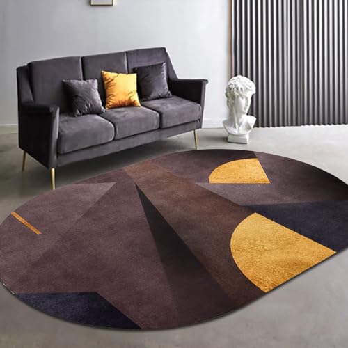LONGSAO Ovaler Rutschfester Teppich, Kurzflor Wohnzimmer Teppich Schlafzimmerteppich, Sofakissen Geometrisches Patchwork Dunkelbraun Gelb，90 x 160 cm von LONGSAO