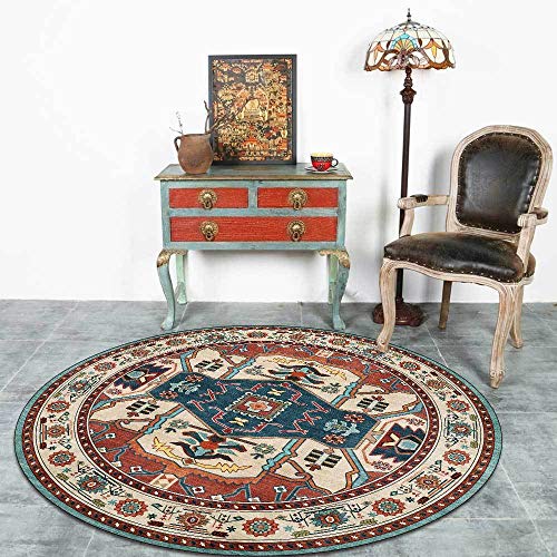 LONGSAO Rund Kurzflor Designer Teppich ø 90 cm Extra Weich fürs Wohnzimmer Schlafzimmer Esszimmer oder Schlafzimmer Retro geometrischen ethnischen Stil rot blau von LONGSAO