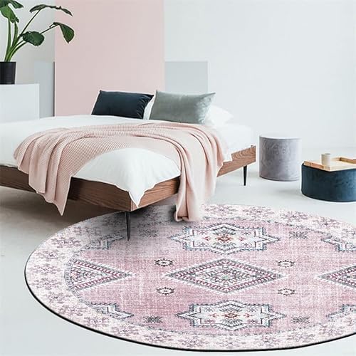 LONGSAO Rund Kurzflor Teppich ø 160 cm Designer Moderne Flachflor Teppiche fürs Wohnzimmer Esszimmer Schlafzimmer Deko Geometrischer ethnischer Stil rosa rot blau von LONGSAO