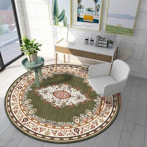 LONGSAO Rund Kurzflor Teppich ø 160 cm Designer Moderne Flachflor Teppiche fürs Wohnzimmer Esszimmer Schlafzimmer Deko Retro Blumen Ethno-Stil grün gelb von LONGSAO