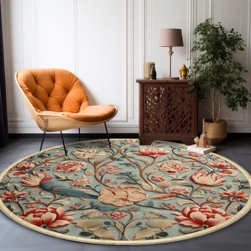 LONGSAO Rund Wohnzimmer Teppich ø 100 cm Modern Anti-Rutsch Teppiche Esszimmer oder Schlafzimmer Retro Blumen blau rot gelb von LONGSAO