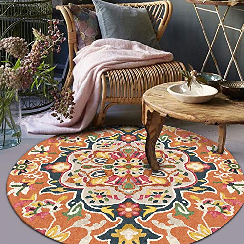 LONGSAO Rund Wohnzimmer Teppich ø 100 cm Modern Anti-Rutsch Teppiche Esszimmer oder Schlafzimmer Retro Blumen orange blau gelb von LONGSAO