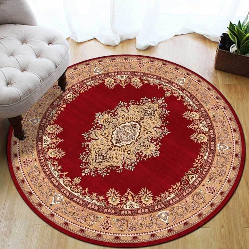 LONGSAO Rund Wohnzimmer Teppich ø 100 cm Modern Anti-Rutsch Teppiche Esszimmer oder Schlafzimmer Retro floral ethnischen Stil rot und gelb von LONGSAO