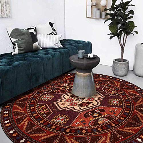 LONGSAO Weich Rund Teppiche ø 120 cm rutschfeste Waschbare Teppich Schlafzimmer Wohnzimmer Spielteppich Blumen Ethno-Stil rot gelb blau von LONGSAO