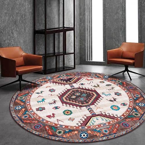LONGSAO Weich Rund Teppiche ø 120 cm rutschfeste Waschbare Teppich Schlafzimmer Wohnzimmer Spielteppich Geometrischer ethnischer Stil rot blau braun von LONGSAO