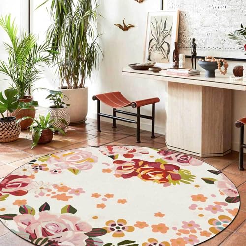 LONGSAO Wohnzimmer Teppiche ø 80 cm Teppich Rund Anti-Rutsch Weich Groß rutschfest Waschbar Schlafzimmer Teppich Retro Blumen rot blau orange von LONGSAO