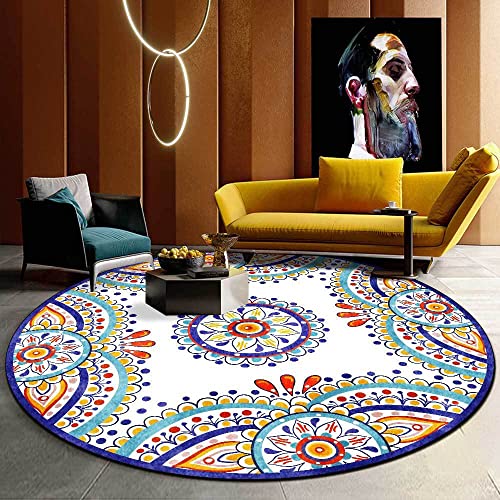 LONGSAO Wohnzimmer Teppiche ø 80 cm Teppich Rund Anti-Rutsch Weich Groß rutschfest Waschbar Schlafzimmer Teppich blau gelb weiß ethnischen Stil Blumen von LONGSAO