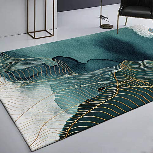 LONGSAO Wohnzimmer Weich Teppiche 130 x 150 cm rutschfeste Waschbare Teppich Schlafzimmer Spielteppich Moderne grüne Tinte mit goldenen Linien von LONGSAO