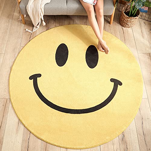 LONGSAO Rund Kurzflor Teppich Designer Moderne Flachflor Teppiche fürs Wohnzimmer, Esszimmer, Schlafzimmer Deko Fashion Gelb Schwarz Happy Smiley, ø 100CM von LONGSAO