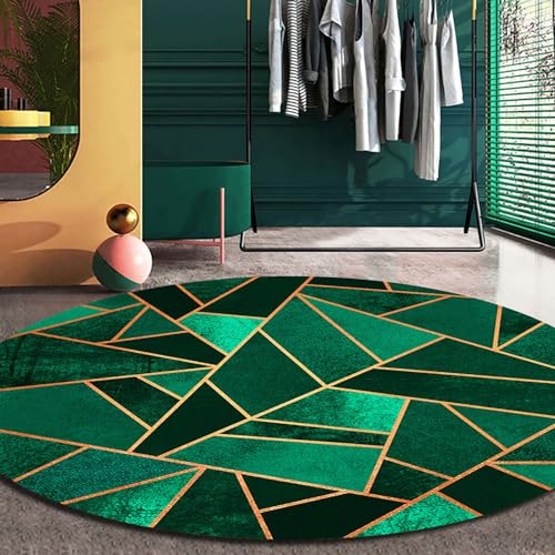Wohnzimmer Rund Teppich Home Weiche Anti-Rutsch Langlebige Teppiche Geometrisches Patchwork mit dunkelgrünen und goldenen Linien für Restaurant Schlafzimmer Deko, ø 110 cm von LONGSAO