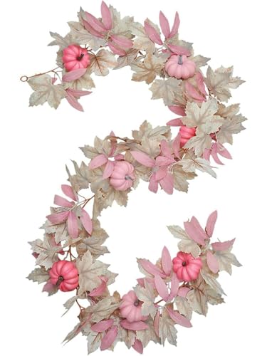 Pink Pumpkin Garland, Pink Pumpkins Fall Garland for Mantle, Halloween Decorations, 5.6FT Artificial Maple Leaf Vines Hanging Garlands Thanksgiving Fall Mantle Fireplace Decor (A) von LONGTO
