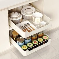 2-teilige Küchenschublade, Teleskop-Küchenregal für Küchenschränke, Wohnzimmer, Zuhause (42 cm B x 30 cm T x 7 cm H), kein Bohren erforderlich, weiß von LONGZIMING