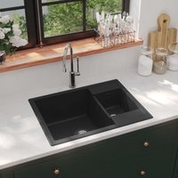 Küchenspüle mit Überlauf Doppelbecken Schwarz Granit von LONGZIMING